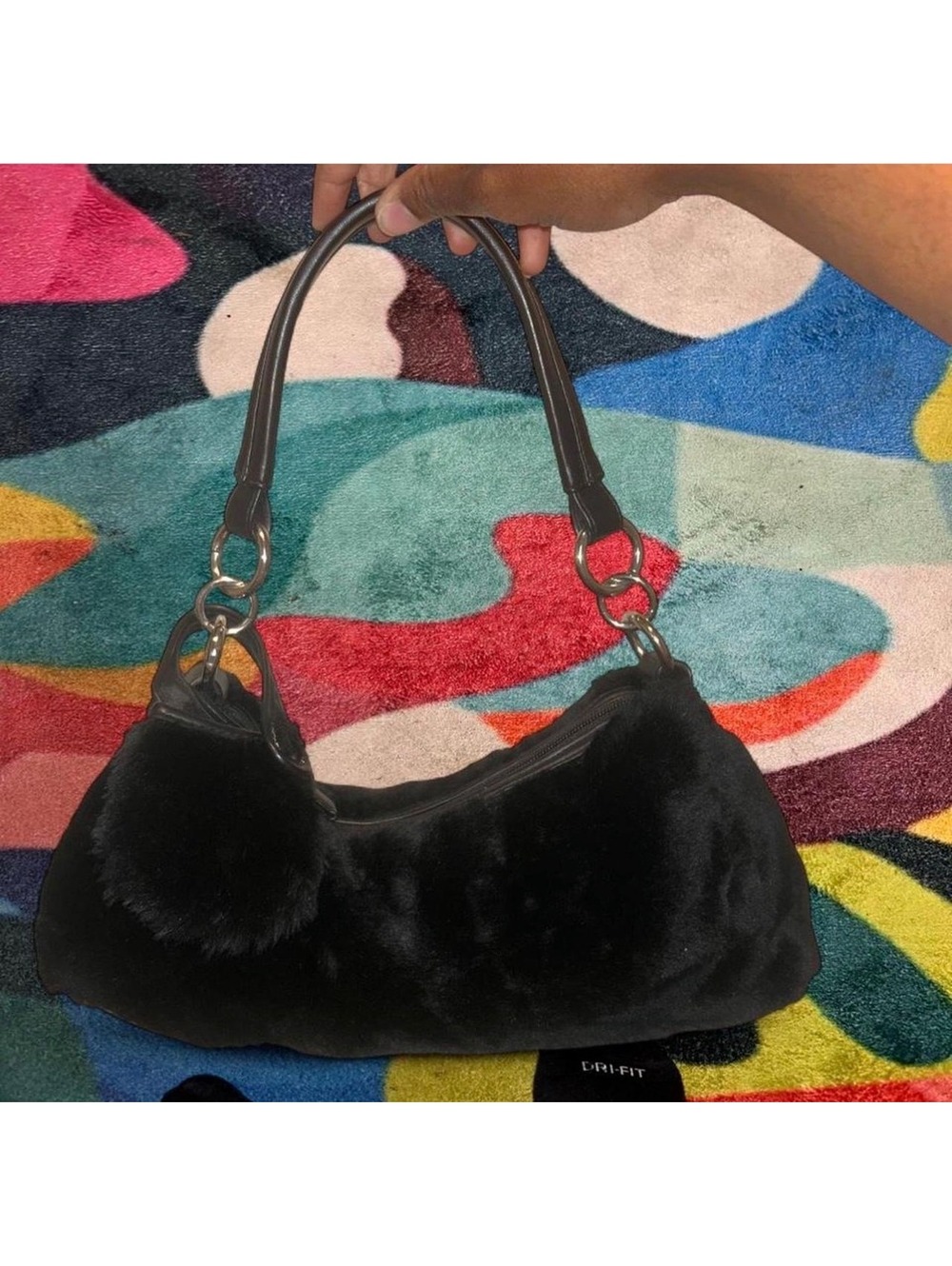 Black Faux Fur Women's Shoulder Bag with Pom Pom Accent